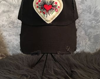 Black distressed hat heart patch