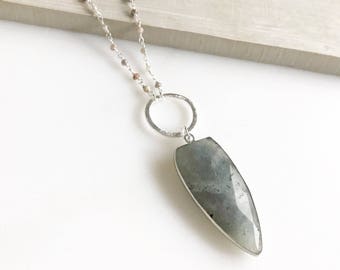 Boho Jewelry Necklace. Boho Necklace Long. Silver Boho Necklace. Long Labradorite Necklace. Stone Pendant Beaded Necklace.