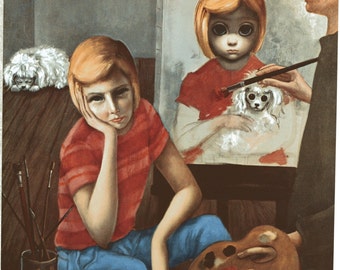 Big Eye Girl Lithograph Print HALF OFF - Margaret Keane 1963 Painitng a Girl Artist and Sue