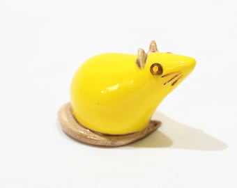 Vintage Yellow and Beige Mouse Figurine, Miniature Mouse, Home Decor