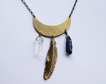 moon necklace, feather necklace, quartz necklace, crystal necklace, boho necklace, titanium quartz necklace, quartz spike necklace