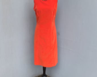 Vintage 1960s/70s Sleeveless Dress, Miss Pat California, Orange Velour Sheath/Shift, Mad Men, Fall Fashion Dress