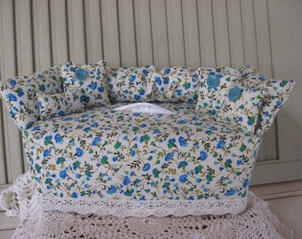 Couch Tissue Box Cover Mini Couch Light Ivory with Small Blue Green Aqua Floral Print, Aqua Buttons Home Decor Bathroom Decor Bedroom Decor