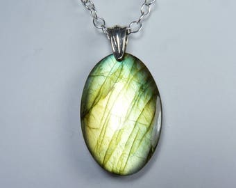 LARGE Flashy Labradorite and Sterling Silver Necklace, Large Luminous Labradorite Pendant, Bright Iridescent Gold and Green Flash