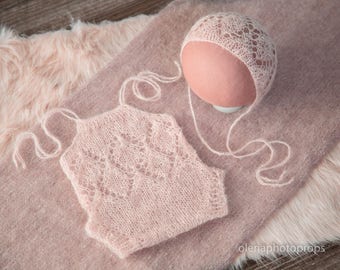 Mohair romper newborn baby girl, romper and bonnet set photography prop, cream outfit baby girl, newborn knit romper and hat photography.