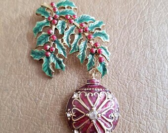 Vintage Monet Christmas Tree Ornament on a Branch Rhinestone Enamel and Silver Tone Metal Brooch Pin