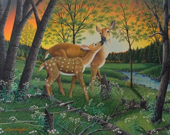 First Spring print, deer and fawn