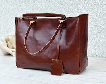 Brown Leather Tote BELLA VOLUME Cognac Brown Leather Tote Leather Laptop Bag Leather Briefcase Tote Bag With Pockets Tote Bag Shoulder Bag