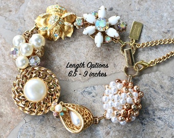 Vintage Wedding Bracelet, Upcycled Earrings, White, Gold, AB, Milk Glass, Pearl, gift for her, Jennifer Jones OOAK, AB, Statement - Aurora