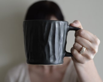 Hand Carved Ceramic Mug, Pottery Mug, Black Ceramic Mug, Fathers Day Gift, Coffee Gift, Foodie Gift, Housewarming Gift, Handmade Ceramic Mug