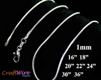 925 Sterling Silver Plated Necklace Snake Chain 1.0mm 16" 18" 20" 22" 24" 30" 36"