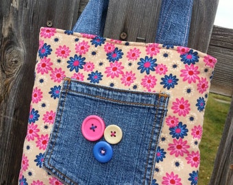 Girls tote, Toddler Tote, Corduroy Tote, Floral Tote, Denim Tote, Small Tote, Tote with Pockets, Girl's Corduroy Purse, Purse with Buttons