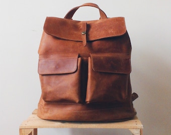 HandMade LEATHER BACKPACK / Citi Backpack / Handcrafted leather Rucksack with two front pockets / Cognac brown leather bag