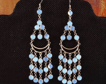 Vintage Sterling Silver Rainbow Moonstone Chandelier Earrings FREE SHIP