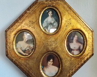 Vintage Italian Florentine Gilt Wood Wall Frame Plaque with Victorian Ladies Portraits