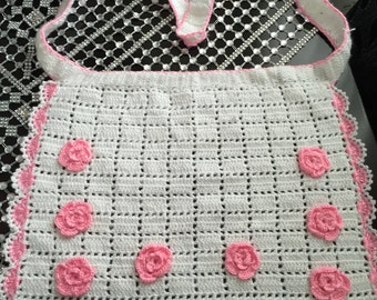 Knit Apron with Pink Flowers (Handmade)