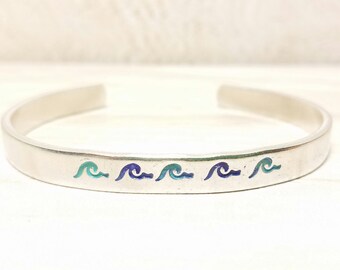 Wave Bracelet, Ocean Bracelet, Beach Bracelet, Hand Stamped Bracelet, Hand Stamped Cuff, Beach Jewelry