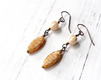 Beige Earrings, Champagne Earrings, Caramel Earrings, Creamy Earrings, Czech Glass Beads, Boho, Dangly Earrings, Neutral Colors