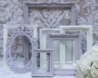 7 Ornate Picture Frames, Lavender and White Picture Frames, Gallery Picture Frames, Nursery Picture Frames, Frame Lot, Picture Frame Set
