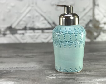 Foam soap dispenser: Aquamarine soap dispenser porcelain foaming soap dispenser inlaid pattern aquamarine bathroom decor brushed nickel pump