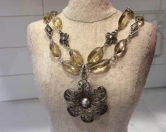 Vintage Sterling and 800 silver filigree smoky topaz necklace with flower pendant