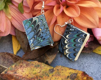 Book Earrings with Hand-Marbled Paper (blue/black waves)
