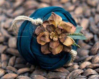 teal jersey cotton wrap and headband, brown flower headband, dark teal photo prop wrap, bamboo stretchy cotton wrap