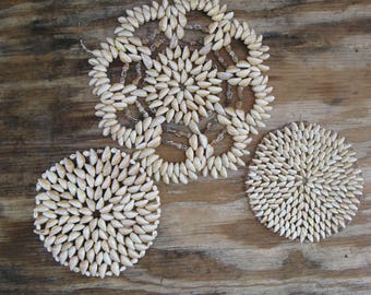 three cowrie shell trivets or beach decor