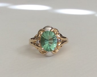 Fluorite and diamond two toned solid 10k gold ring