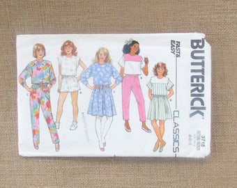 Butterick Pattern 3718, Loose Fitting Top, Dirndl Skirt, Elastic Waist Shorts & Pants, Vintage Pattern, Girls Size 4-6, Fast Easy Pattern