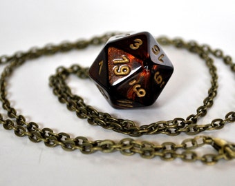 Dice Pendant Necklace - Copper Swirl D20 Twenty Sided Dice Jewelry - Geeky Gamer Jewelry