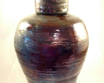 Cremation urn with metalic glaze, raku fired, large adult urn