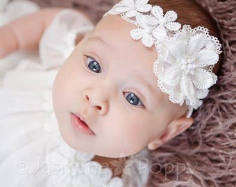 Christening headband, baby headband, ivory headband, baptism headband, flower girl headband