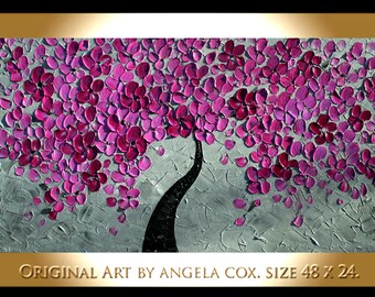 Original Modern Pink Plum Gray Tree Impasto Acrylic Abstract Palette Knife Painting . Made2Order. Size 48 x 24
