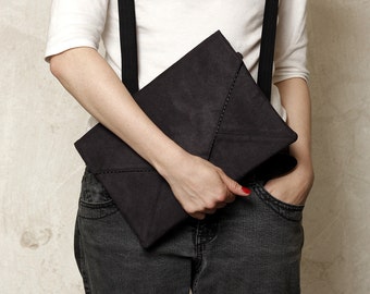 Clutch bag envelope black vegan bag faux synthetic suede imitation purse handbag strap pocket zipped wedding bridesmaid bridal evening gift