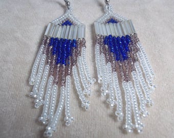 Carpal Tunnel Going Out of Business Sale! Cold Heart Seed Bead Earrings, Frosted White, Sapphire, Amethyst, Boho Earrings, Dramatic Earrings