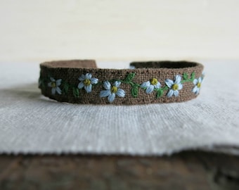 Floral Cuff Bracelet - Blue Flowers on Brown Linen Hand Embroidered Cuff Bracelet - Gift Under 50