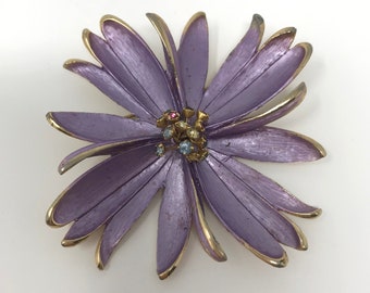 Vintage Lavender Rhinestone Flower Pin Brooch Purple Gold Tone Enamel
