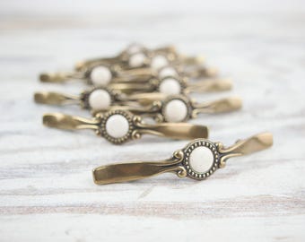 Vintage Hardware Pulls, Brass Curved Drawer, Cabinet handles w/ ornate design, Round Porcelain center (7.99 ea. handle)