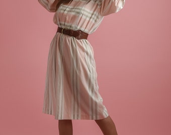 Vintage Pink And Taupe Striped Dress (Size Large)