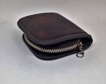 Vintage Brown Leather Zippered Change Purse, Mans Change Purse Wallet, Mans Old Coin Purse, Mans Laether Wallet