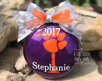Clemson Tigers Christmas Glass Ornament Personalized With Year and Name