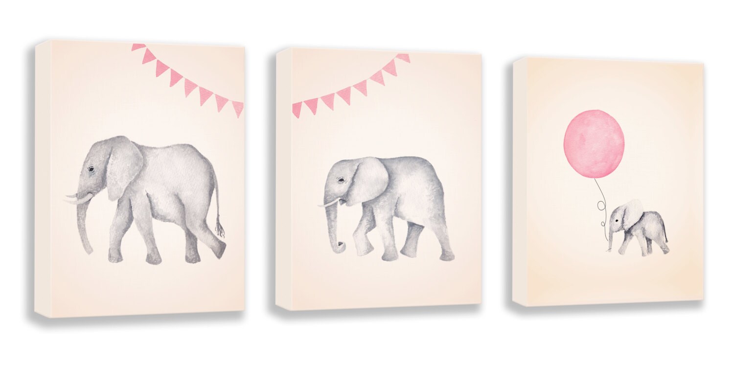 Elephant Nursery Canvas Nursery Art Set of 3 Pink and