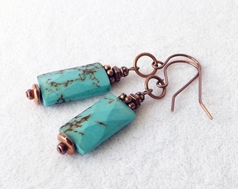 Turquoise Copper Earrings, Sundance Style Southwestern Jewelry, Statement December Birthstone Geometric Earrings, Boho Jewelry, Gift for Her
