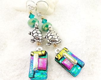Turtle earrings, Artisan dichroic jewelry, Fused dichroic earrings, Dichroic jewelry, Hana Sakura,Dichroic glass earrings,Handmade jewelry