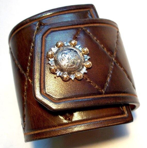 Leather Cuff Bracelet Brown Custom Quilted Hand stitched Harlequin Diamond Luxury wristband handmade for You in USA by Freddie Matara!
