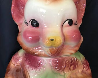 Vintage Cookie Jar American Bisque ABC Little Girl Bear with a cookie wearing a lacy romper 1950s