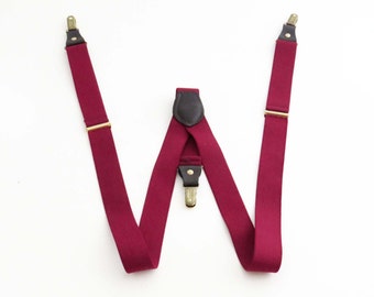 Vintage PELICAN ELASTIC SUSPENDERS / Braces / Burgundy-Cranberry Red w Leather and Brass Accents / Made in America / Great Gift Idea!