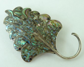 Sterling Marked Mexican Silver Leaf Abalone Shell Brooch Pin Pendant Vintage