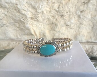 Turquoise Bracelet by Relios by Carolyn Pollack Vintage Turquoise Cuff Western Bracelet Silver Pearls 90s Southwestern Jewelry